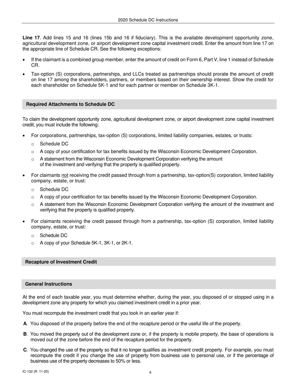 Instructions for Form IC-032 Schedule DC Wisconsin Development Zones Credits - Wisconsin, Page 6