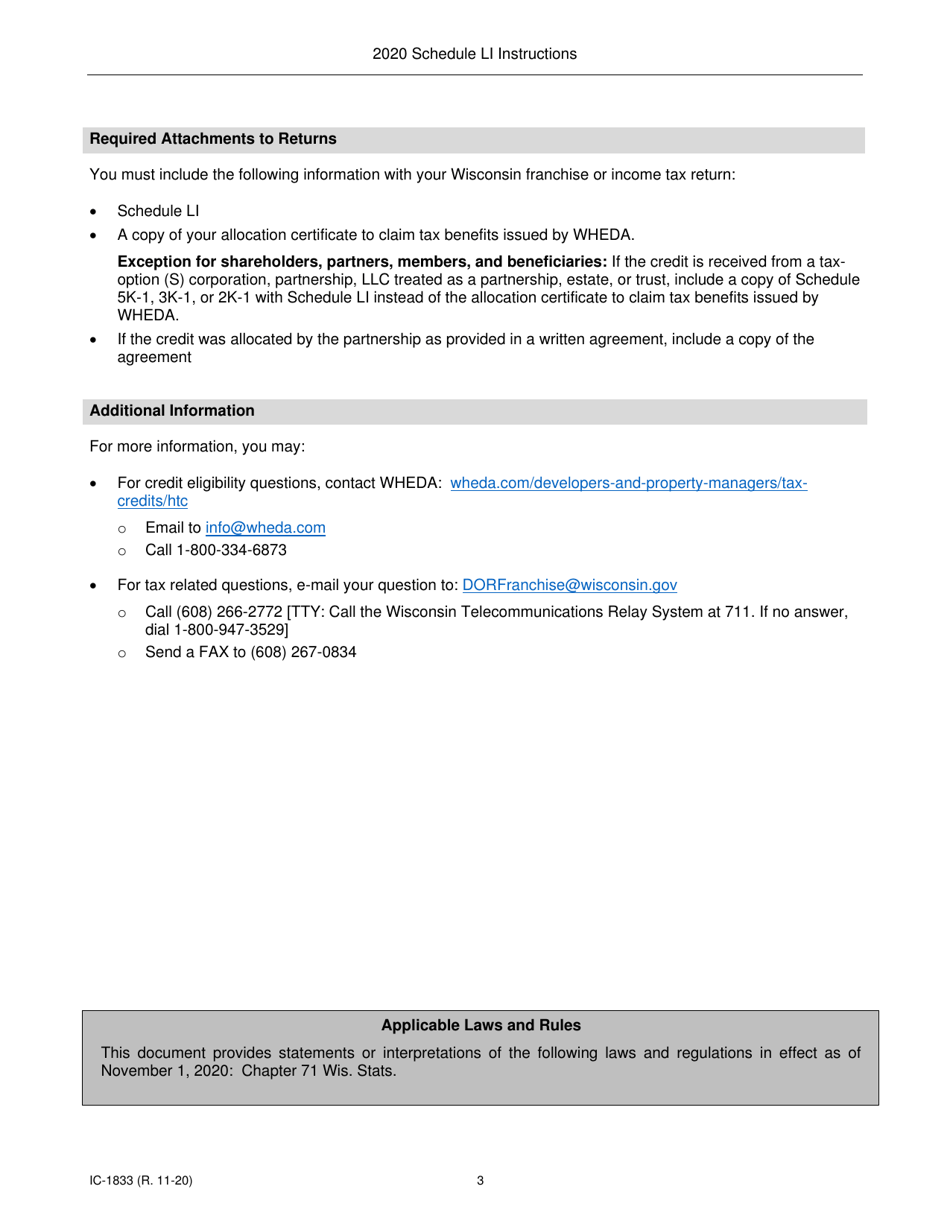 Instructions for Form IC-833 Schedule LI Wisconsin Low-Income Housing Tax Credit - Wisconsin, Page 3