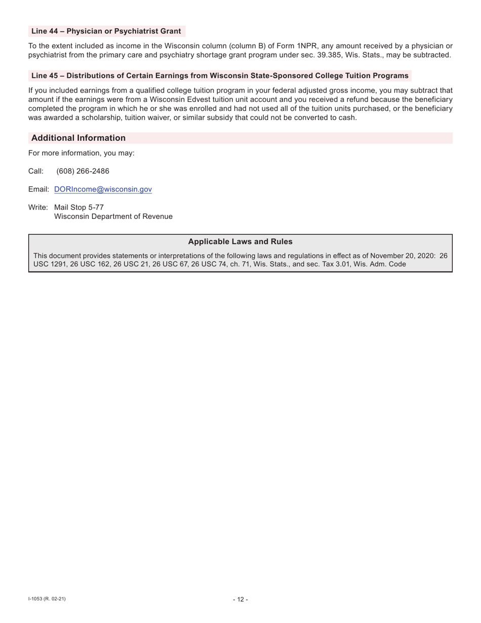 Instructions for Form I-053I Schedule M Additions to and Subtractions From Income - Wisconsin, Page 13
