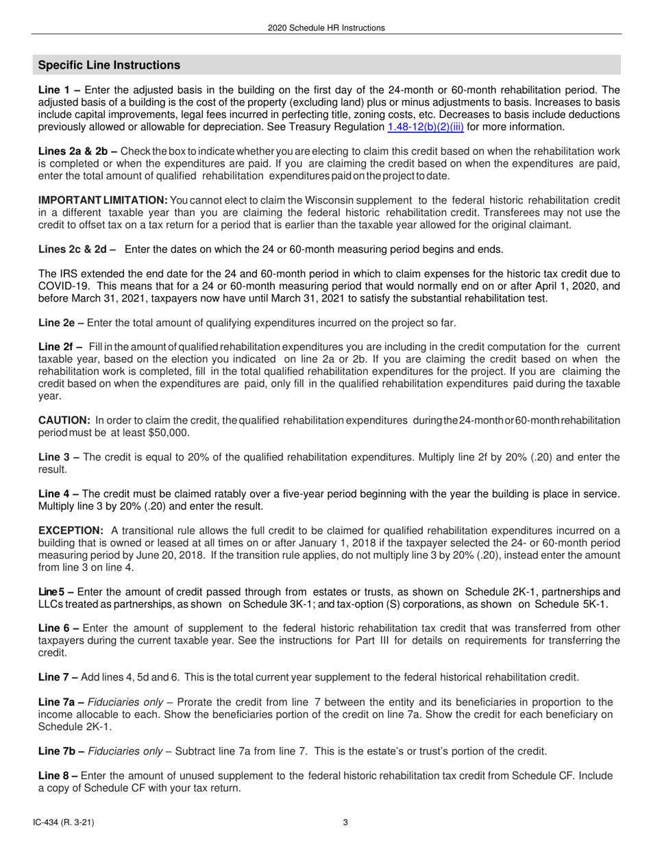 Instructions for Form IC-034 Schedule HR Wisconsin Historic Rehabilitation Credits - Wisconsin, Page 3