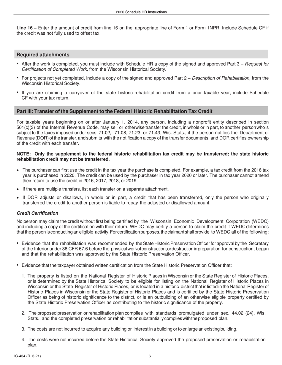 Instructions for Form IC-034 Schedule HR Wisconsin Historic Rehabilitation Credits - Wisconsin, Page 6