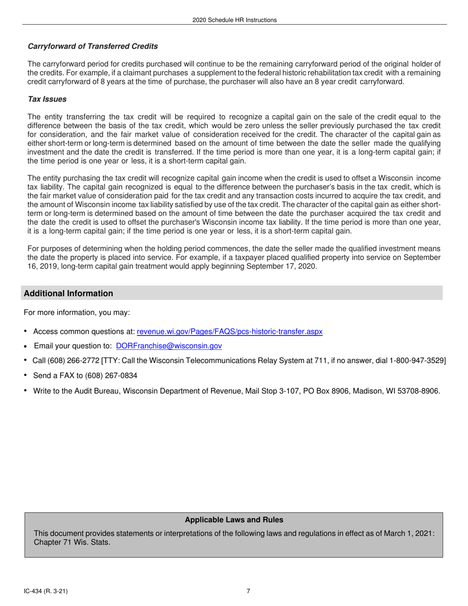 Instructions for Form IC-034 Schedule HR Wisconsin Historic Rehabilitation Credits - Wisconsin, Page 7