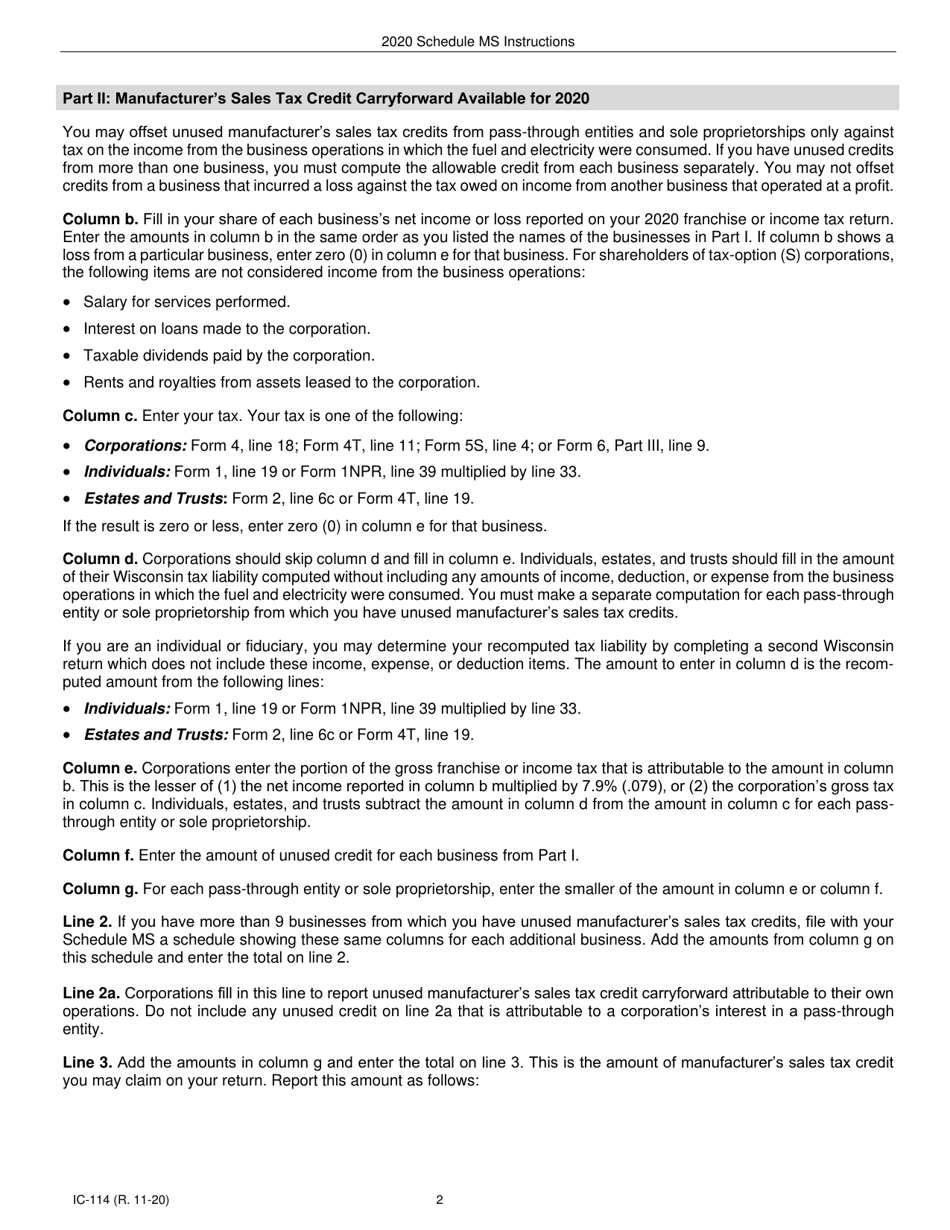 Instructions for Form IC-014 Schedule MS Wisconsin Manufacturers Sales Tax Credit Carryforward Allowable - Wisconsin, Page 2