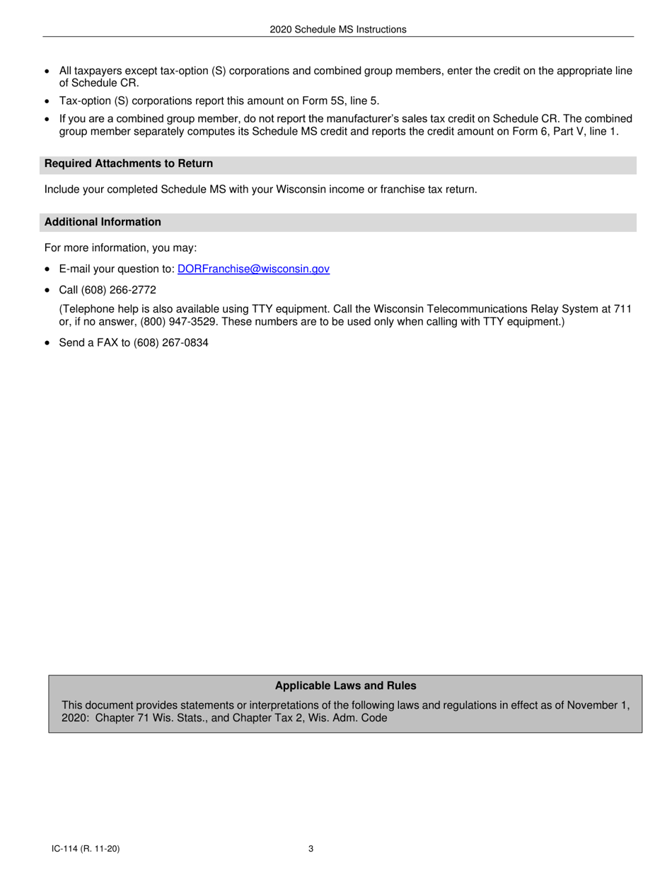 Instructions for Form IC-014 Schedule MS Wisconsin Manufacturers Sales Tax Credit Carryforward Allowable - Wisconsin, Page 3