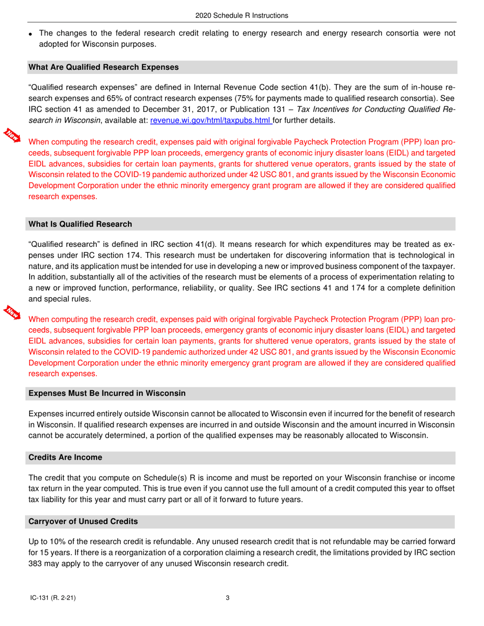 Instructions for Form IC-031 Schedule R Wisconsin Research Credits - Wisconsin, Page 3