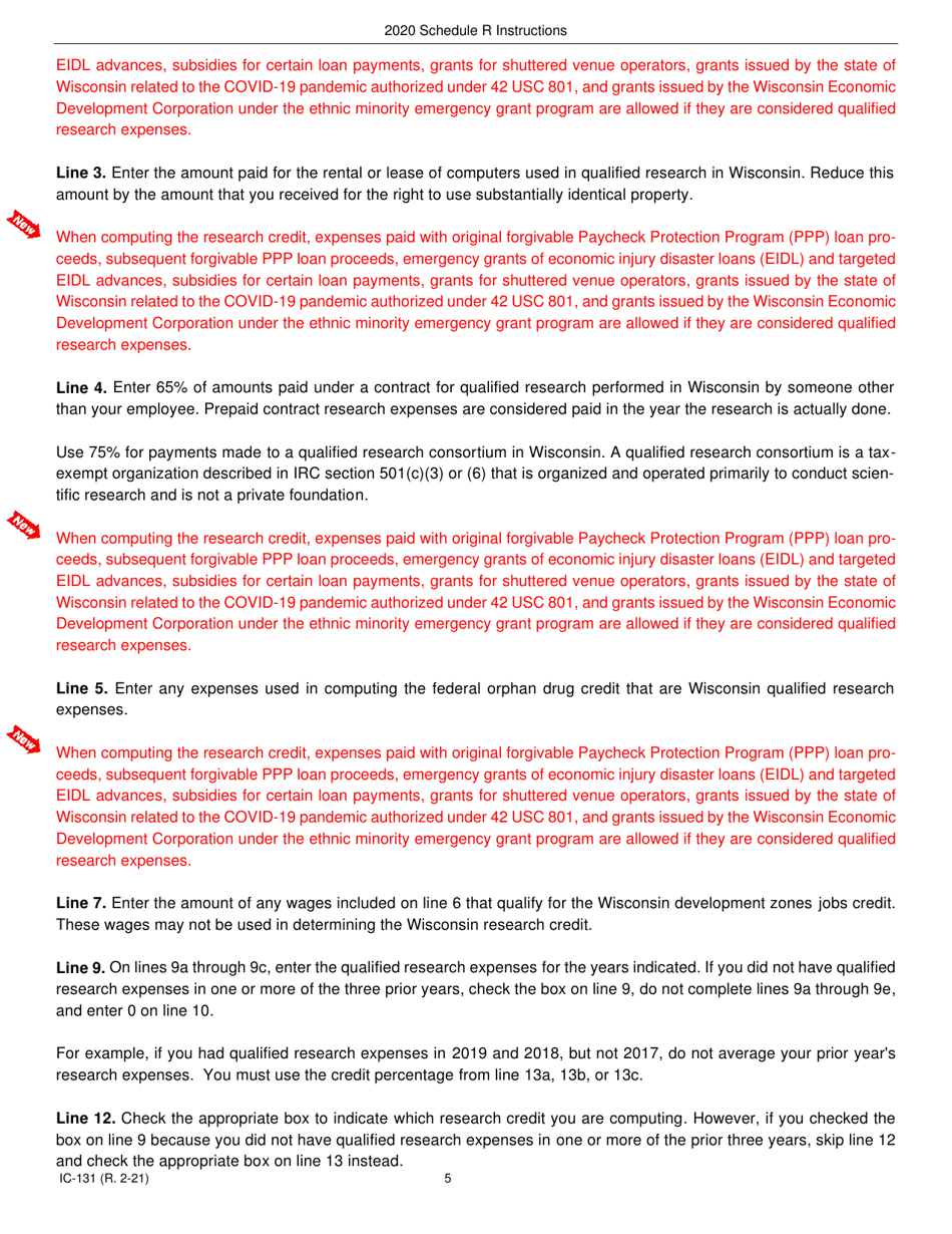 Instructions for Form IC-031 Schedule R Wisconsin Research Credits - Wisconsin, Page 5