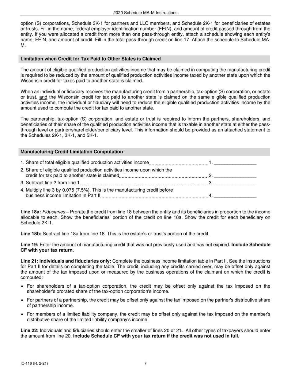 Instructions for Form IC-016 Schedule MA-M Wisconsin Manufacturing Credit - Wisconsin, Page 7