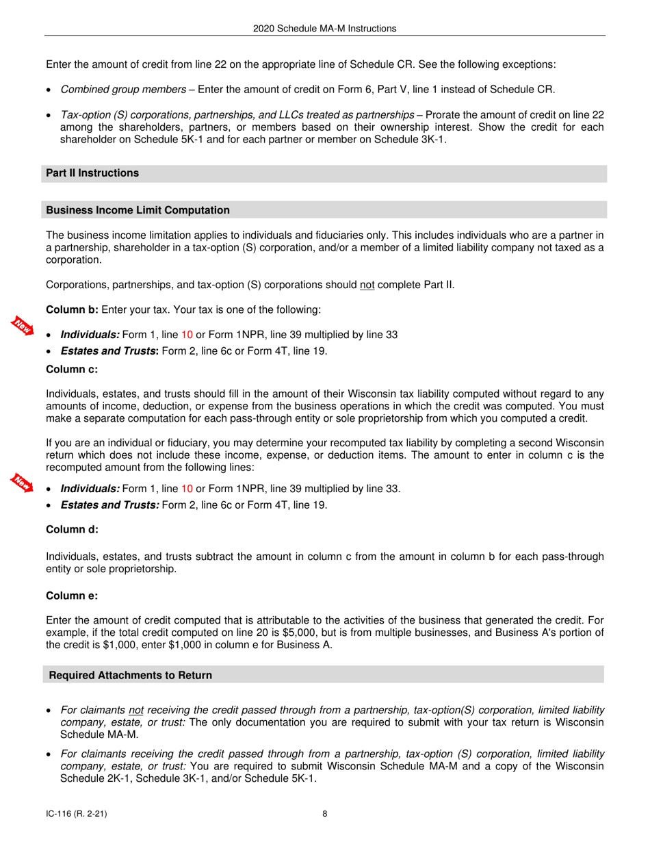 Instructions for Form IC-016 Schedule MA-M Wisconsin Manufacturing Credit - Wisconsin, Page 8