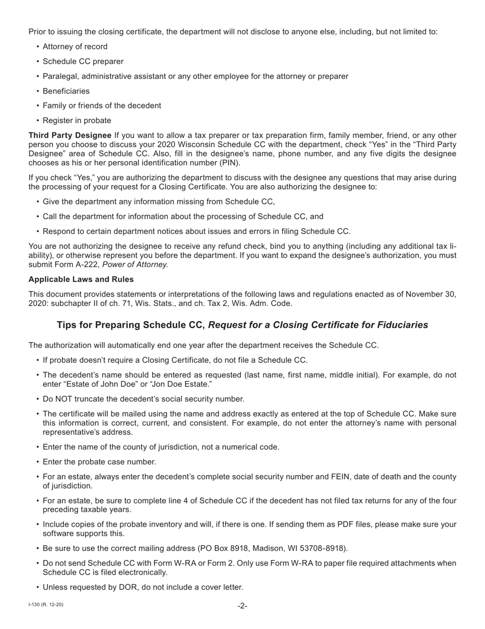 Instructions for Form I-030 Schedule CC Request for a Closing Certificate for Fiduciaries - Wisconsin, Page 2
