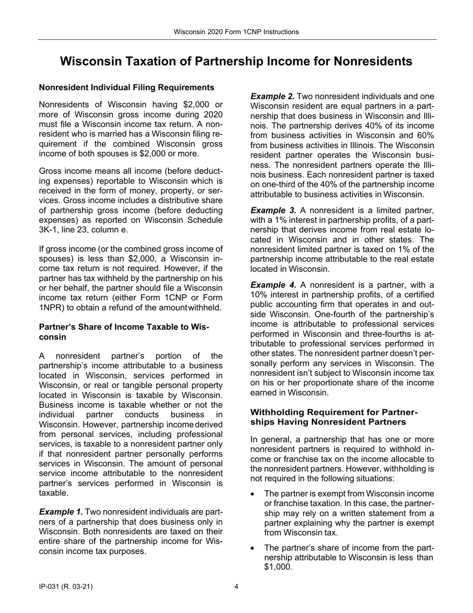 Instructions for Form 1CNP, IP-031 Composite Wisconsin Individual Income Tax Return for Nonresident Partners - Wisconsin, Page 4