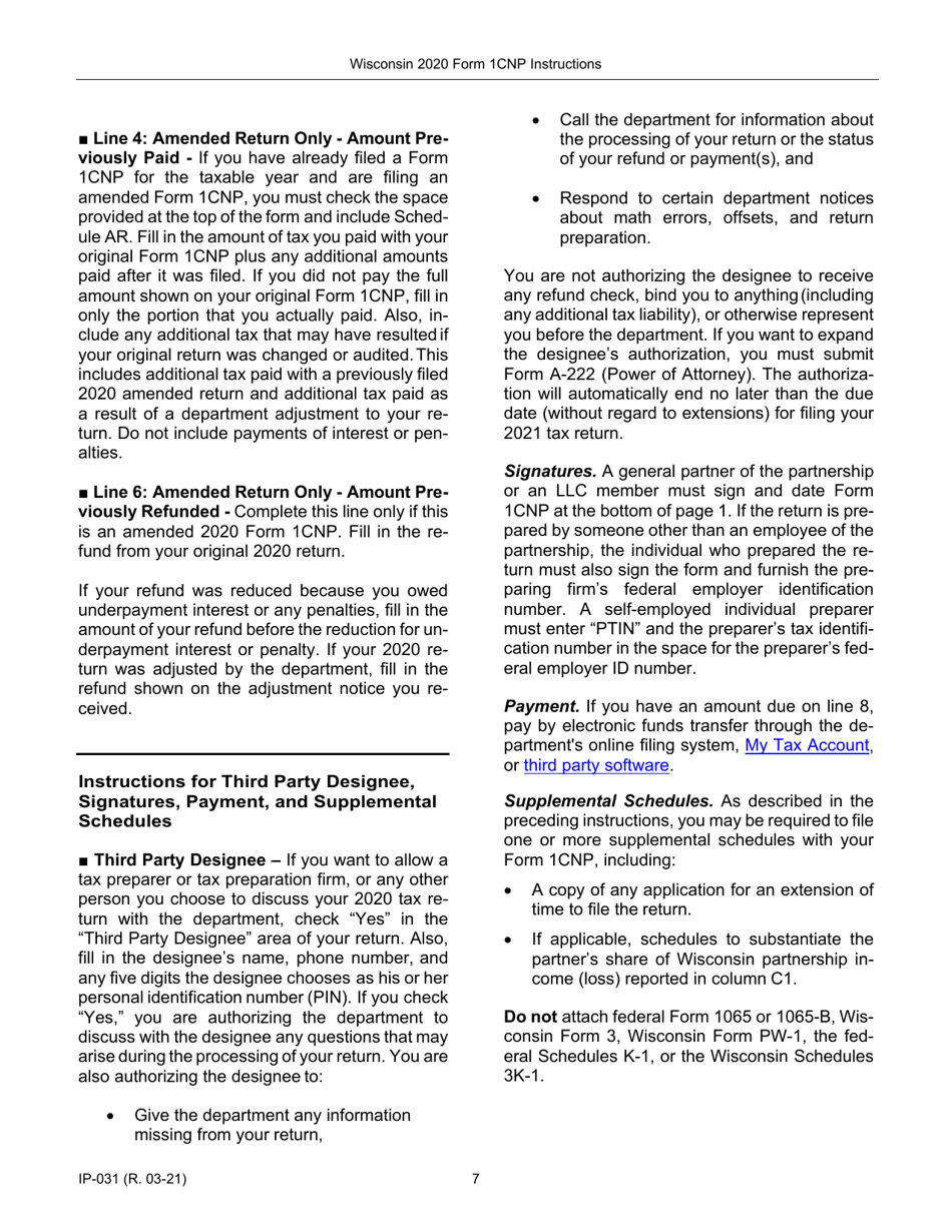 Instructions for Form 1CNP, IP-031 Composite Wisconsin Individual Income Tax Return for Nonresident Partners - Wisconsin, Page 7