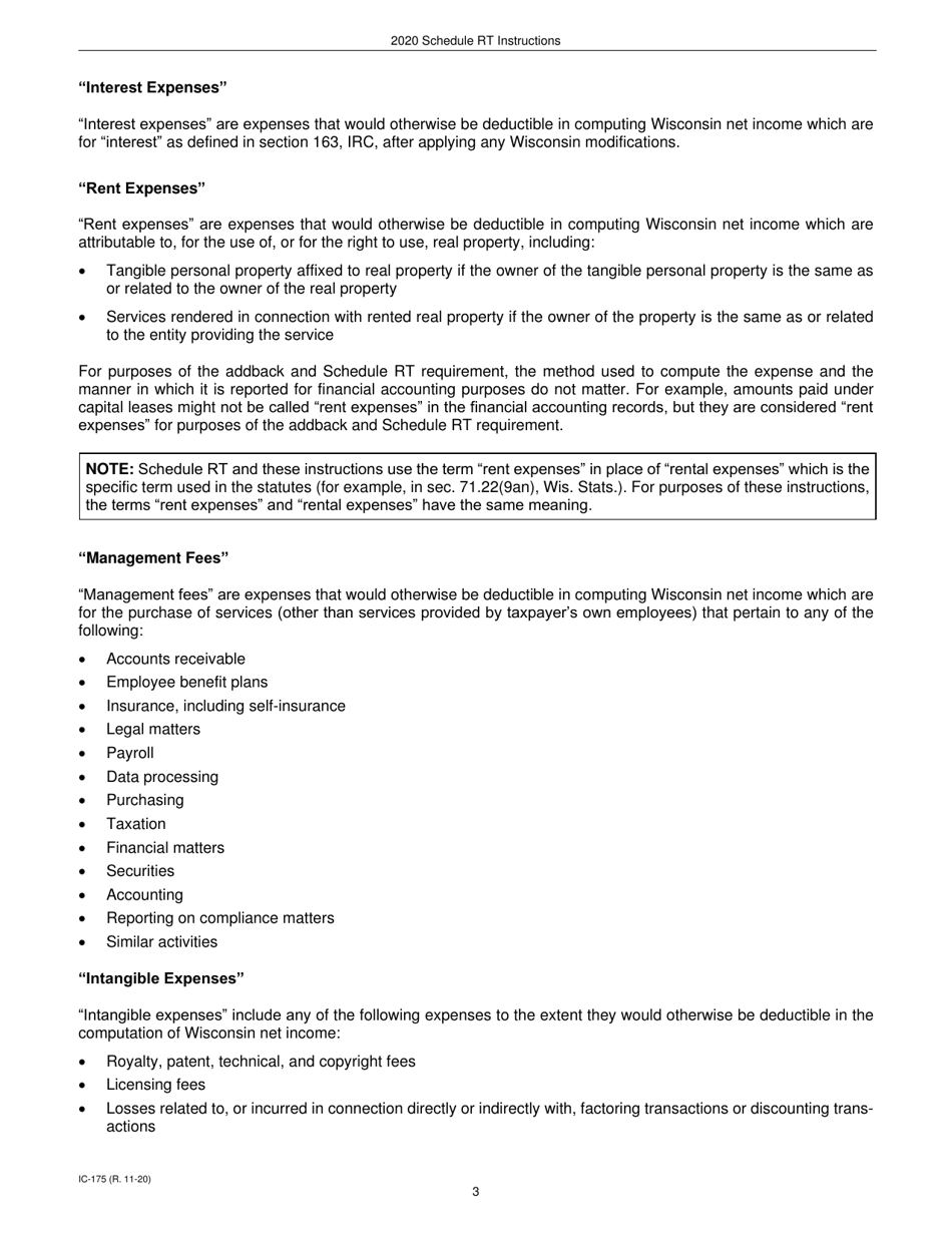 Instructions for Form IC-075 Schedule RT Wisconsin Related Entity Expenses Disclosure Statement - Wisconsin, Page 3