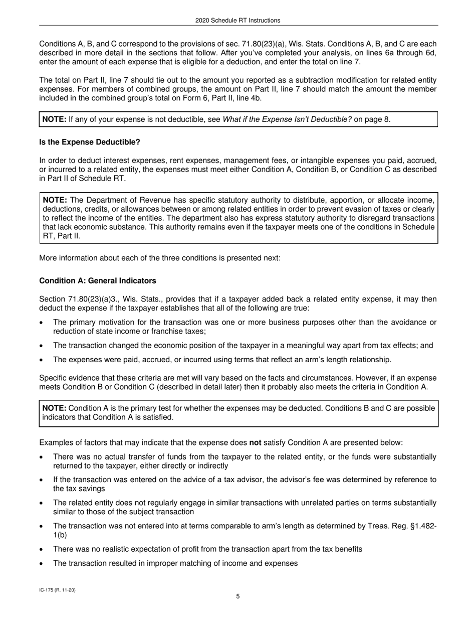 Instructions for Form IC-075 Schedule RT Wisconsin Related Entity Expenses Disclosure Statement - Wisconsin, Page 5