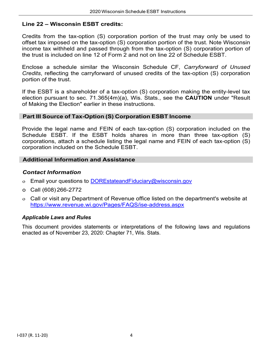 Instructions for Form I-237 Schedule ESBT Computation of Wisconsin Taxable Income for Electing Small Business Trusts - Wisconsin, Page 4