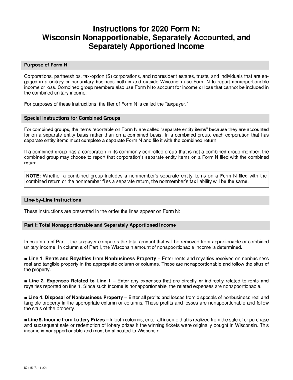 Instructions for Form N, IC-045 Wisconsin Nonapportionable, Separately Accounted, and Separately Apportioned Income - Wisconsin, Page 1