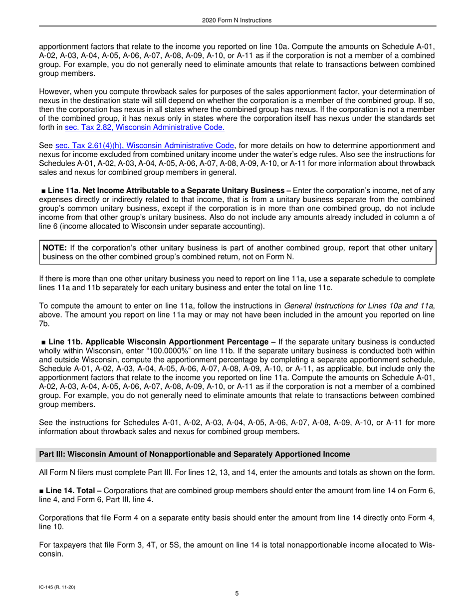 Instructions for Form N, IC-045 Wisconsin Nonapportionable, Separately Accounted, and Separately Apportioned Income - Wisconsin, Page 5