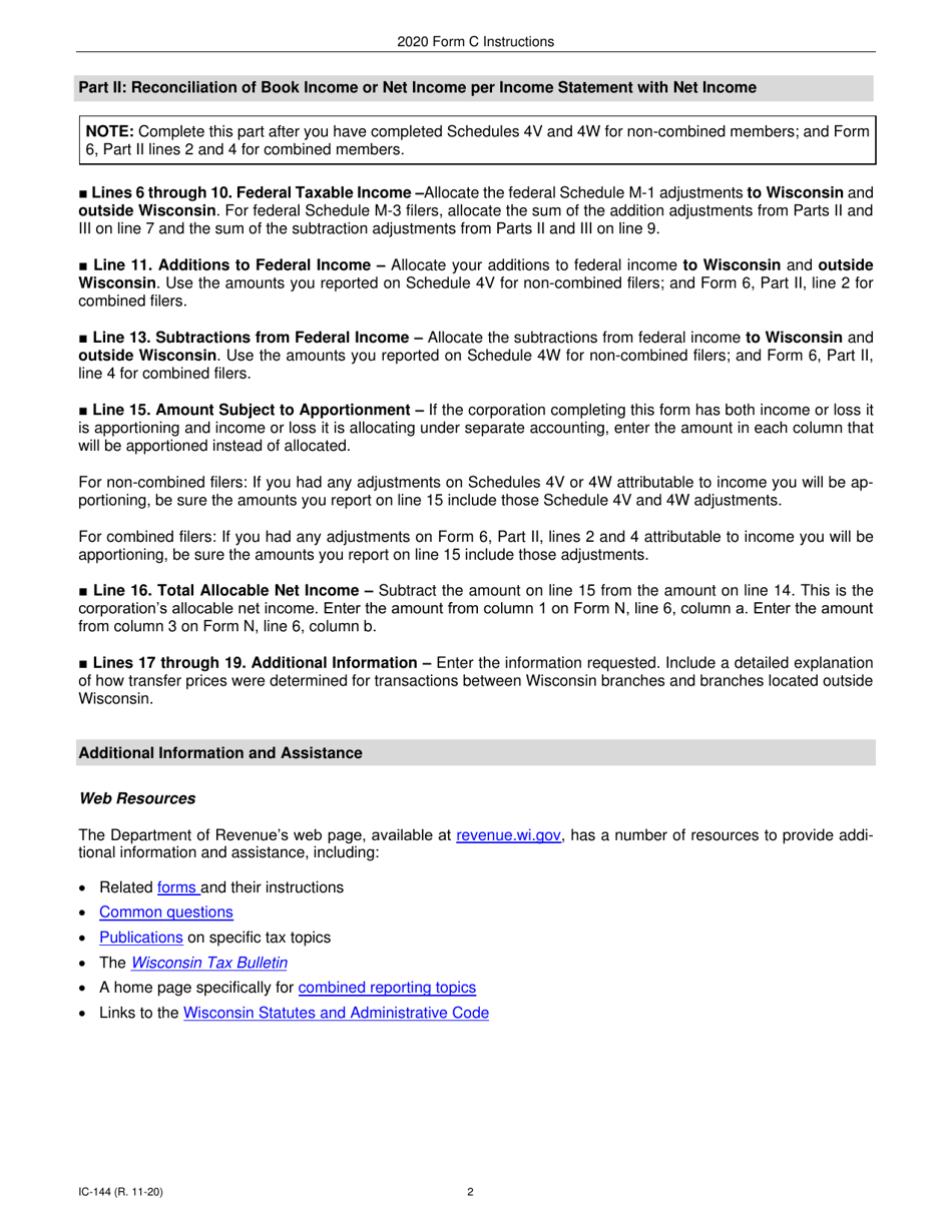 Instructions for Form C, IC-044 Wisconsin Allocation and Separate Accounting Data - Wisconsin, Page 2