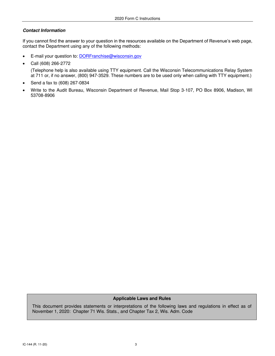 Instructions for Form C, IC-044 Wisconsin Allocation and Separate Accounting Data - Wisconsin, Page 3