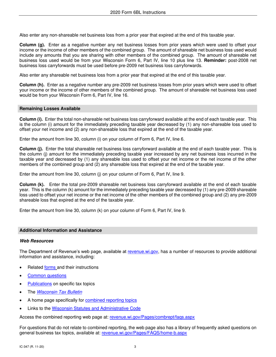 Instructions for Form 6BL, IC-247 Wisconsin Net Business Loss Carryforward for Combined Group Members - Wisconsin, Page 3