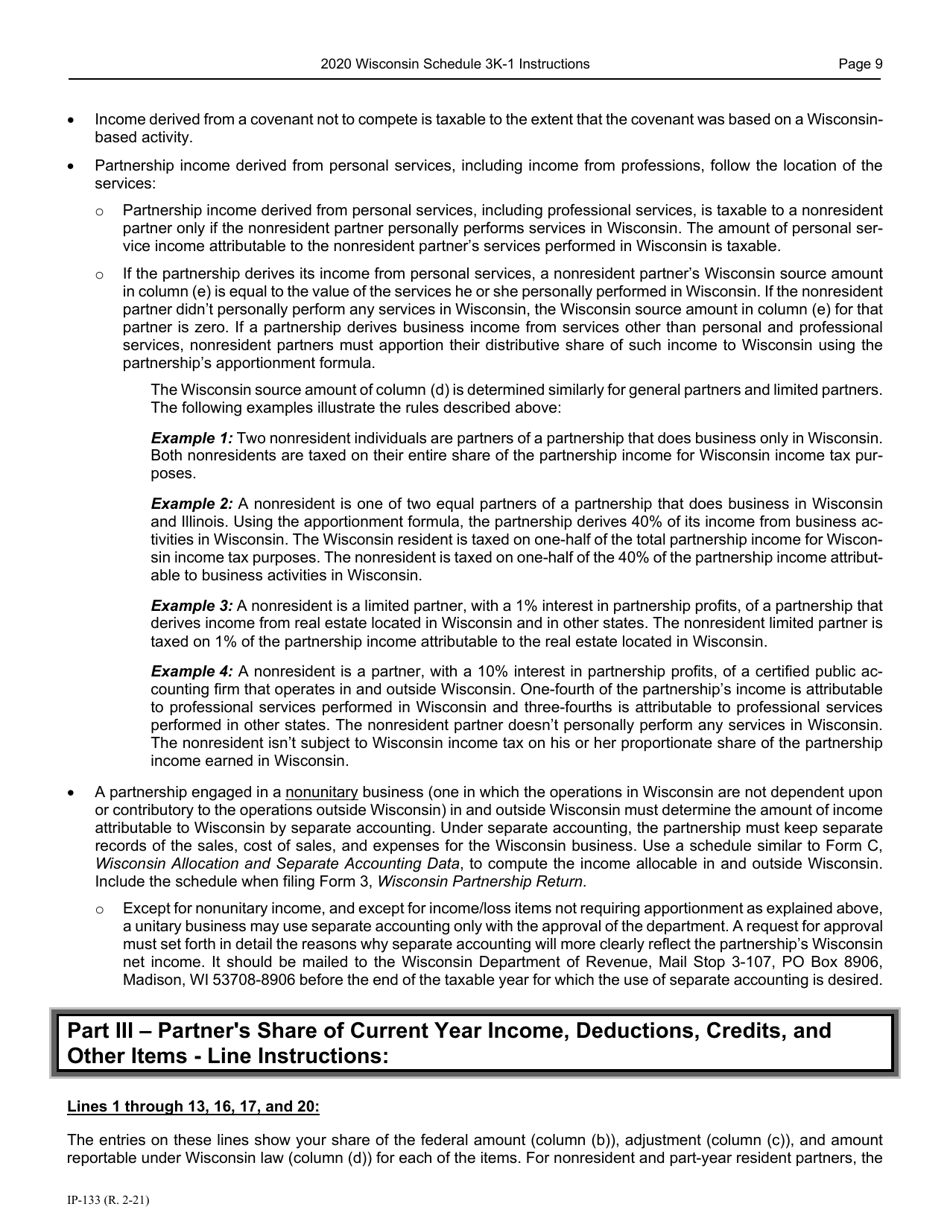 Instructions for Form IP-032 Schedule 3K-1 Partners Share of Income, Deductions, Credits, Etc. - Wisconsin, Page 10