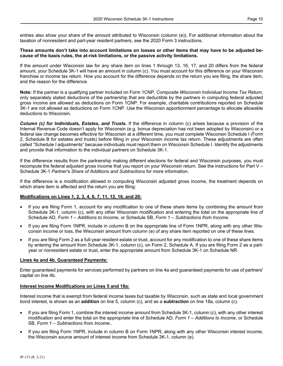 Instructions for Form IP-032 Schedule 3K-1 Partners Share of Income, Deductions, Credits, Etc. - Wisconsin, Page 11