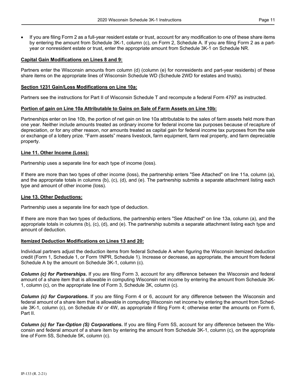 Instructions for Form IP-032 Schedule 3K-1 Partners Share of Income, Deductions, Credits, Etc. - Wisconsin, Page 12