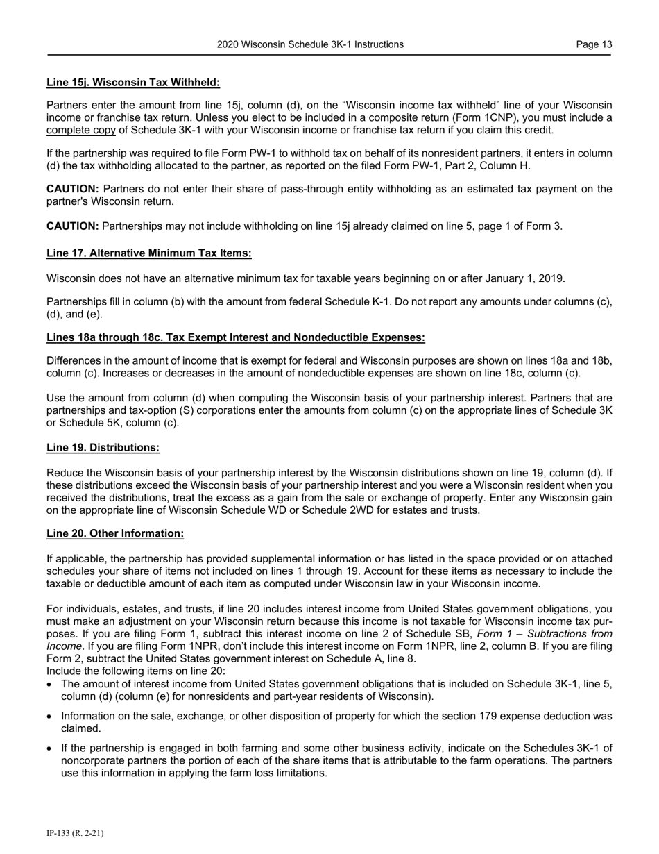 Instructions for Form IP-032 Schedule 3K-1 Partners Share of Income, Deductions, Credits, Etc. - Wisconsin, Page 14