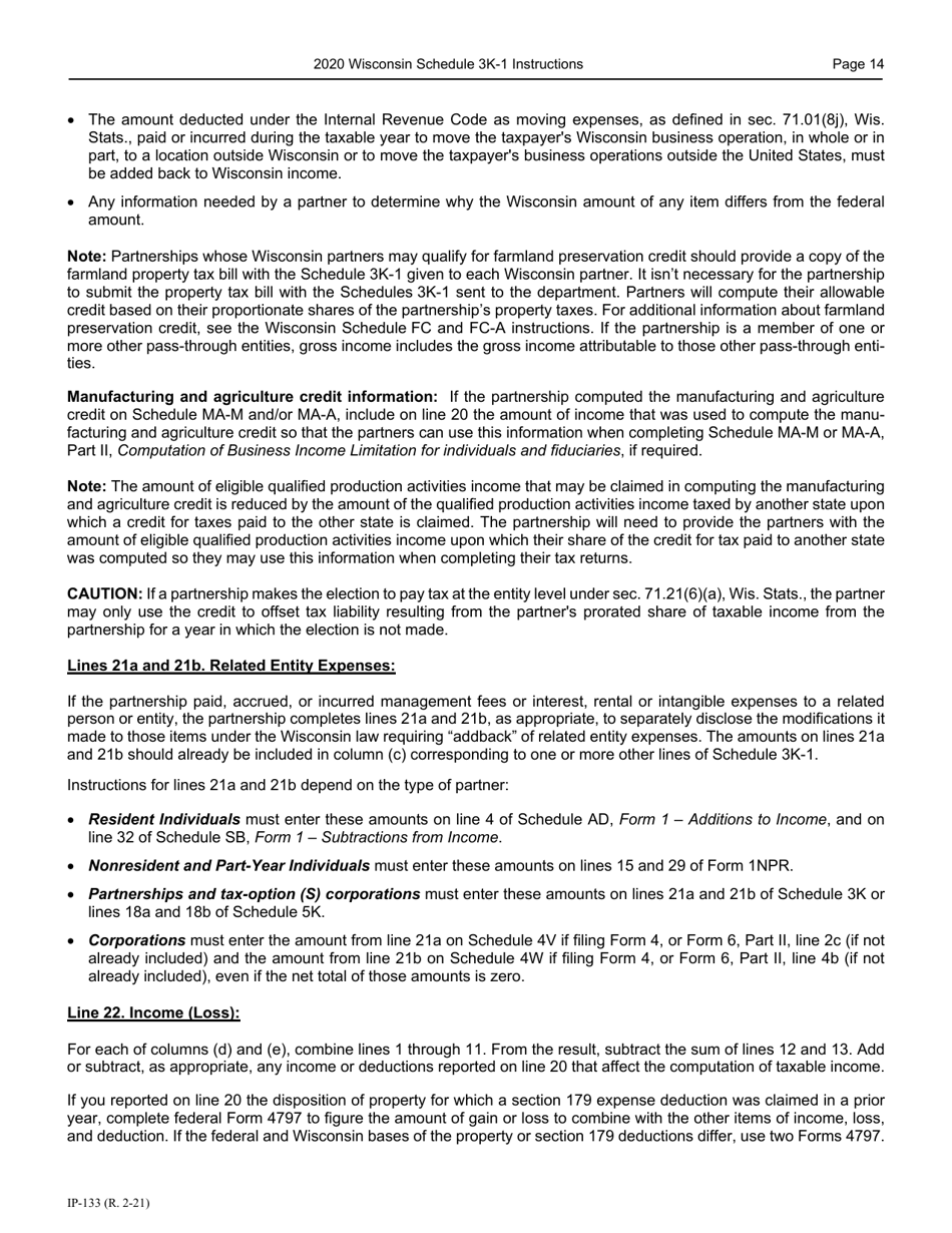 Instructions for Form IP-032 Schedule 3K-1 Partners Share of Income, Deductions, Credits, Etc. - Wisconsin, Page 15