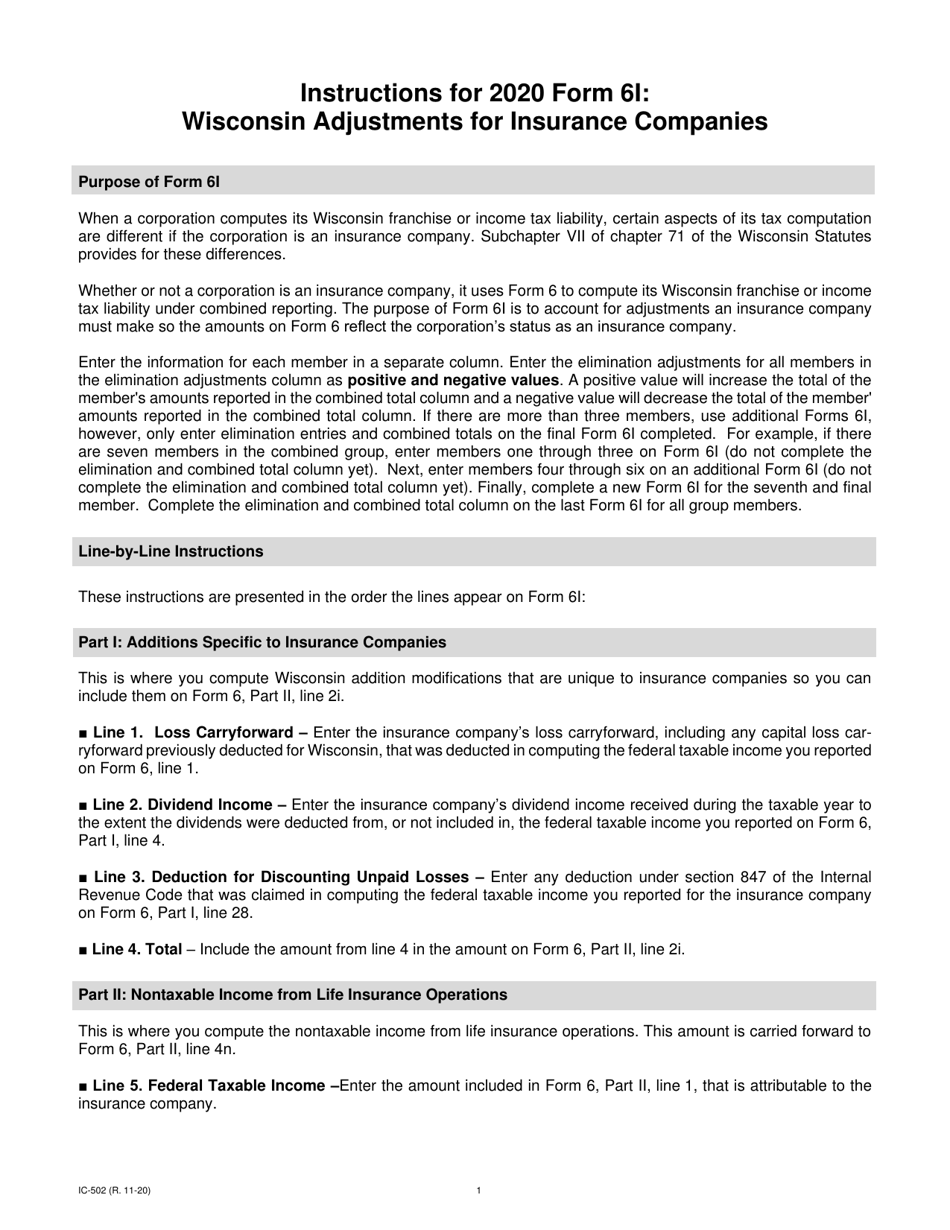 Instructions for Form 6I, IC-402 Wisconsin Adjustment for Insurance Companies - Wisconsin, Page 1