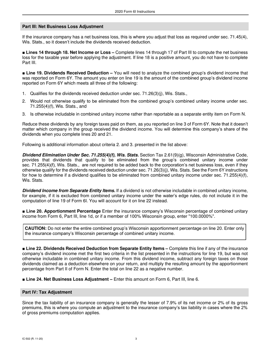 Instructions for Form 6I, IC-402 Wisconsin Adjustment for Insurance Companies - Wisconsin, Page 3