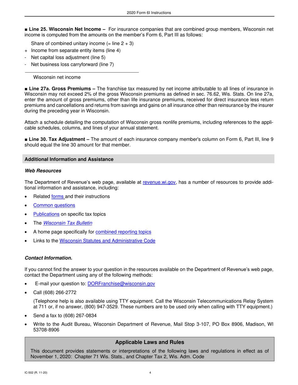 Instructions for Form 6I, IC-402 Wisconsin Adjustment for Insurance Companies - Wisconsin, Page 4