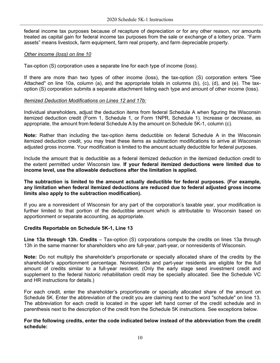 Instructions for Form IC-056 Schedule 5K-1 Tax-Option (S) Corporation Shareholders Share of Income, Deductions, Credits, Etc. - Wisconsin, Page 10
