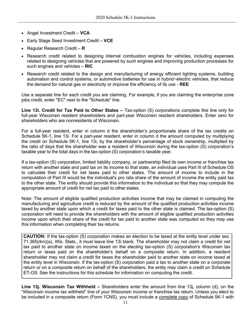 Instructions for Form IC-056 Schedule 5K-1 Tax-Option (S) Corporation Shareholders Share of Income, Deductions, Credits, Etc. - Wisconsin, Page 11