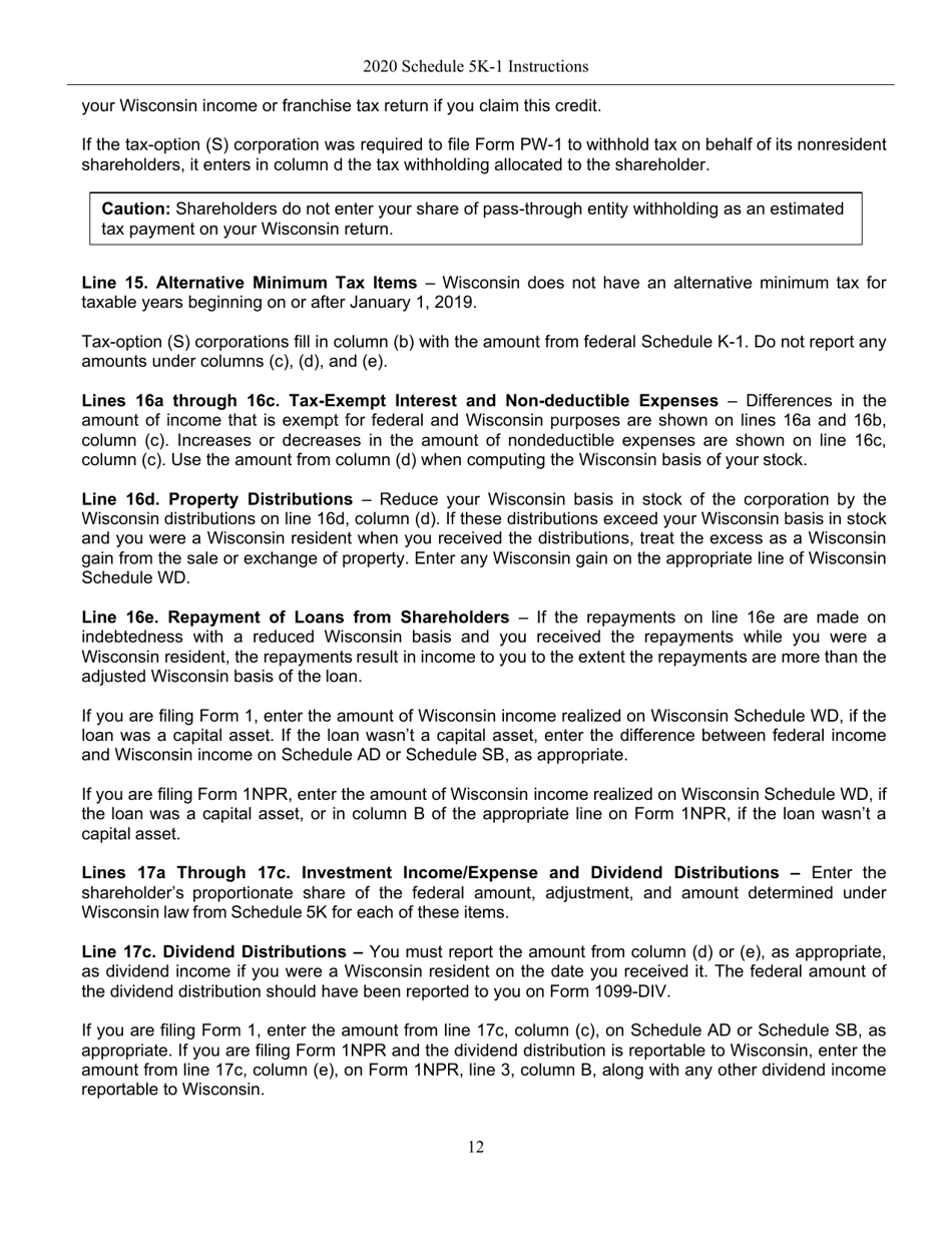 Instructions for Form IC-056 Schedule 5K-1 Tax-Option (S) Corporation Shareholders Share of Income, Deductions, Credits, Etc. - Wisconsin, Page 12
