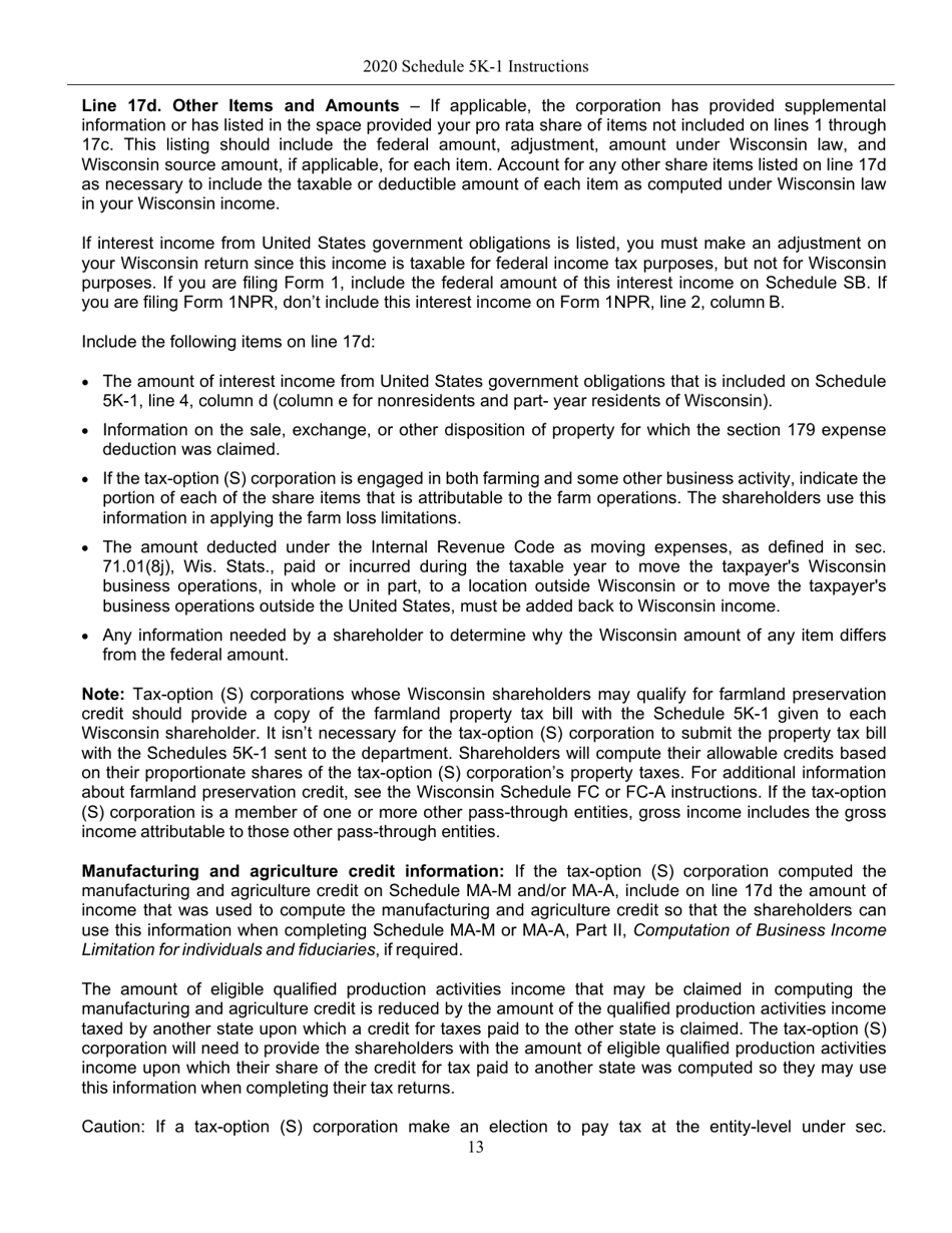 Instructions for Form IC-056 Schedule 5K-1 Tax-Option (S) Corporation Shareholders Share of Income, Deductions, Credits, Etc. - Wisconsin, Page 13