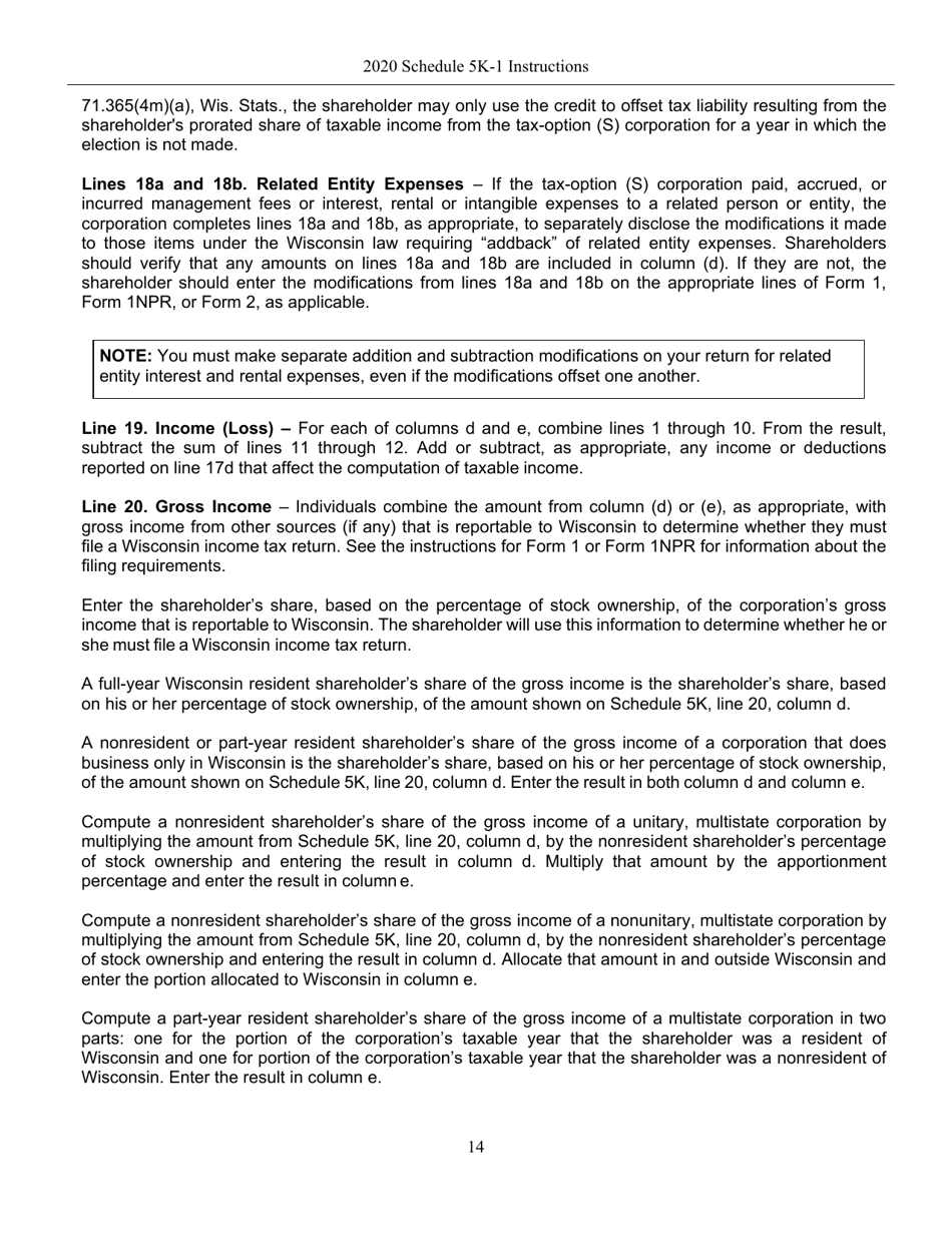 Instructions for Form IC-056 Schedule 5K-1 Tax-Option (S) Corporation Shareholders Share of Income, Deductions, Credits, Etc. - Wisconsin, Page 14