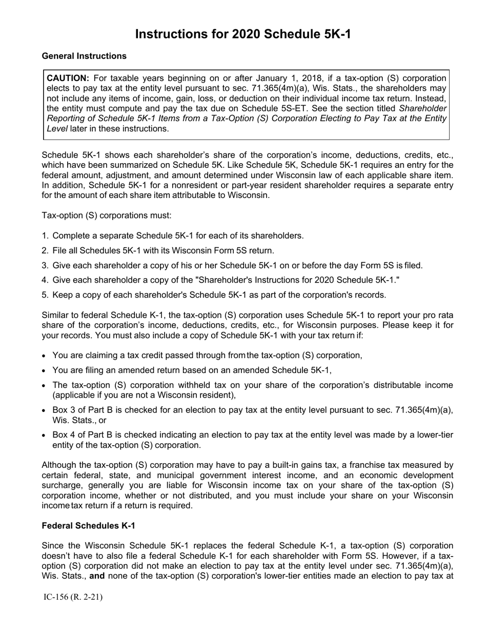 Instructions for Form IC-056 Schedule 5K-1 Tax-Option (S) Corporation Shareholders Share of Income, Deductions, Credits, Etc. - Wisconsin, Page 1