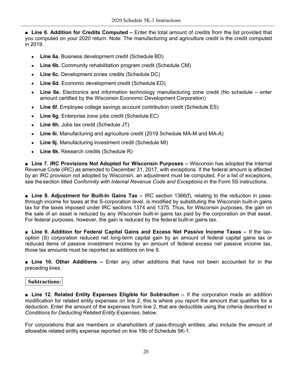 Instructions for Form IC-056 Schedule 5K-1 Tax-Option (S) Corporation Shareholders Share of Income, Deductions, Credits, Etc. - Wisconsin, Page 20
