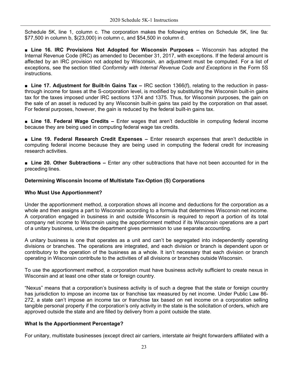 Instructions for Form IC-056 Schedule 5K-1 Tax-Option (S) Corporation Shareholders Share of Income, Deductions, Credits, Etc. - Wisconsin, Page 23