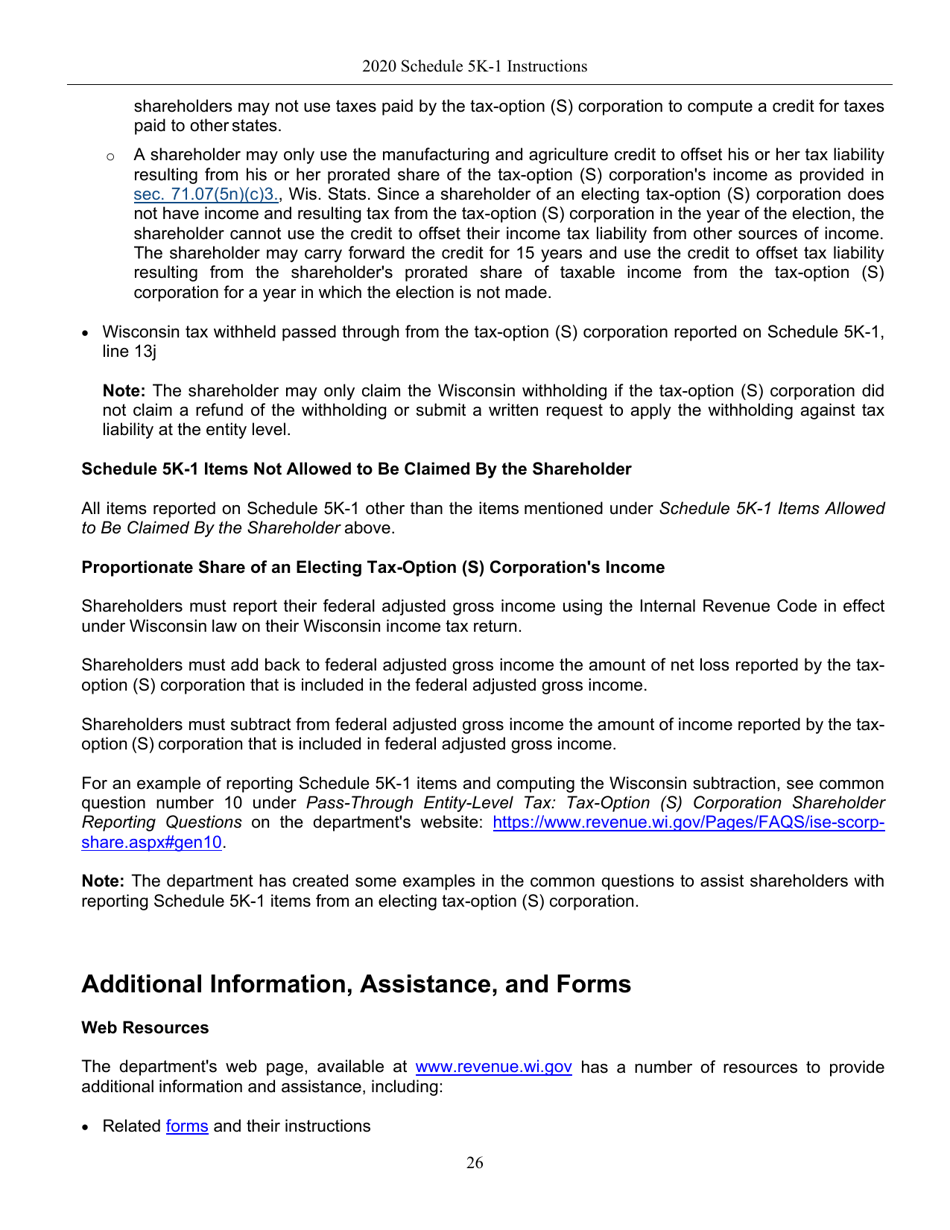 Instructions for Form IC-056 Schedule 5K-1 Tax-Option (S) Corporation Shareholders Share of Income, Deductions, Credits, Etc. - Wisconsin, Page 26