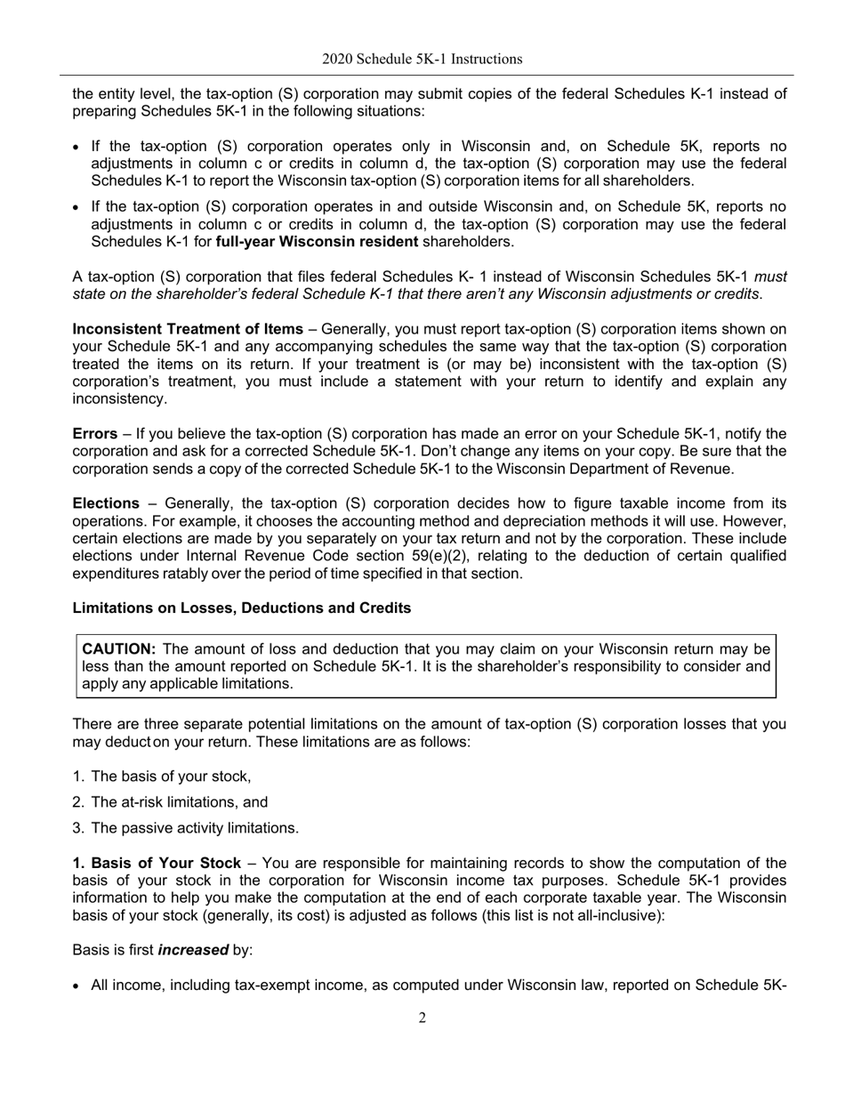 Instructions for Form IC-056 Schedule 5K-1 Tax-Option (S) Corporation Shareholders Share of Income, Deductions, Credits, Etc. - Wisconsin, Page 2