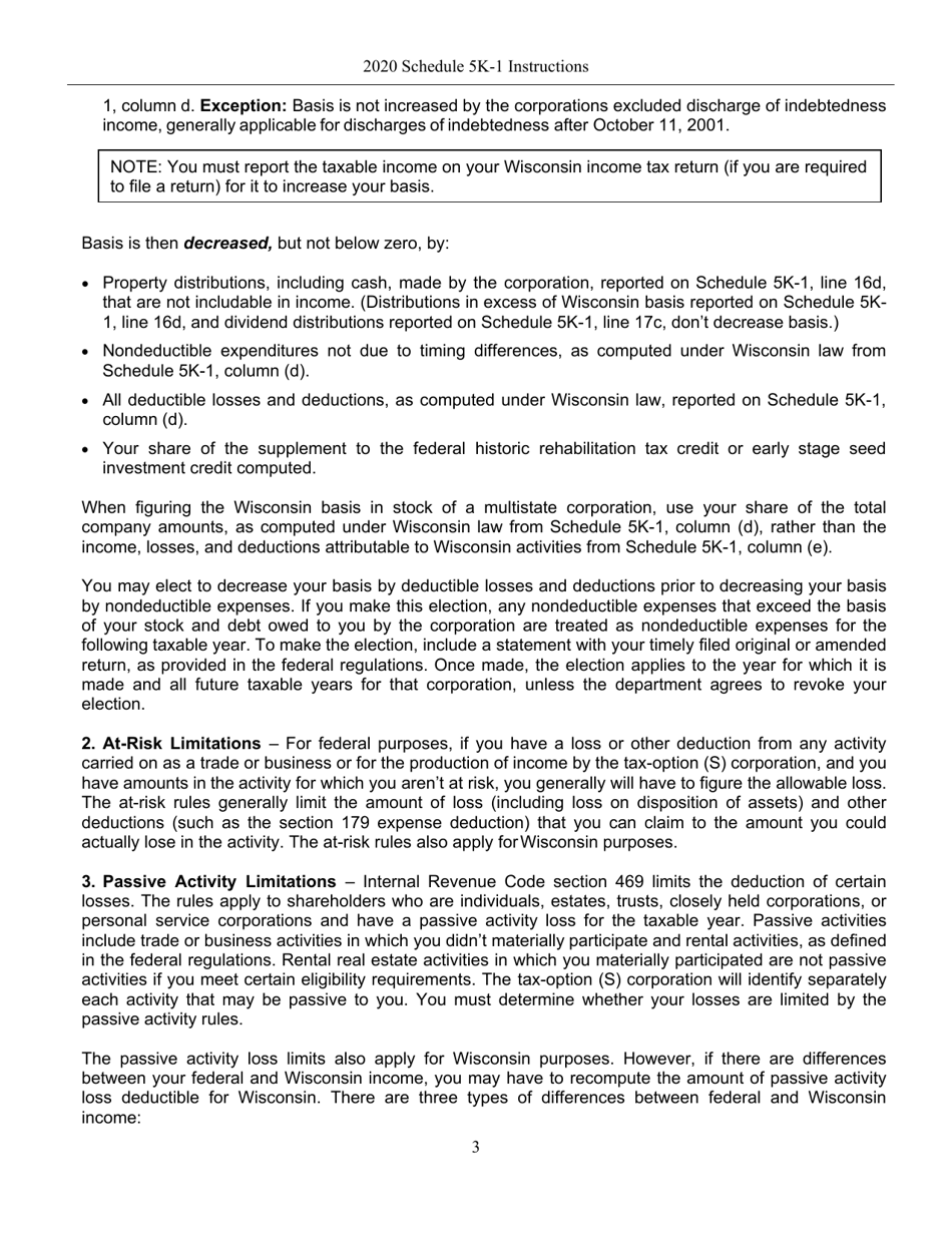 Instructions for Form IC-056 Schedule 5K-1 Tax-Option (S) Corporation Shareholders Share of Income, Deductions, Credits, Etc. - Wisconsin, Page 3