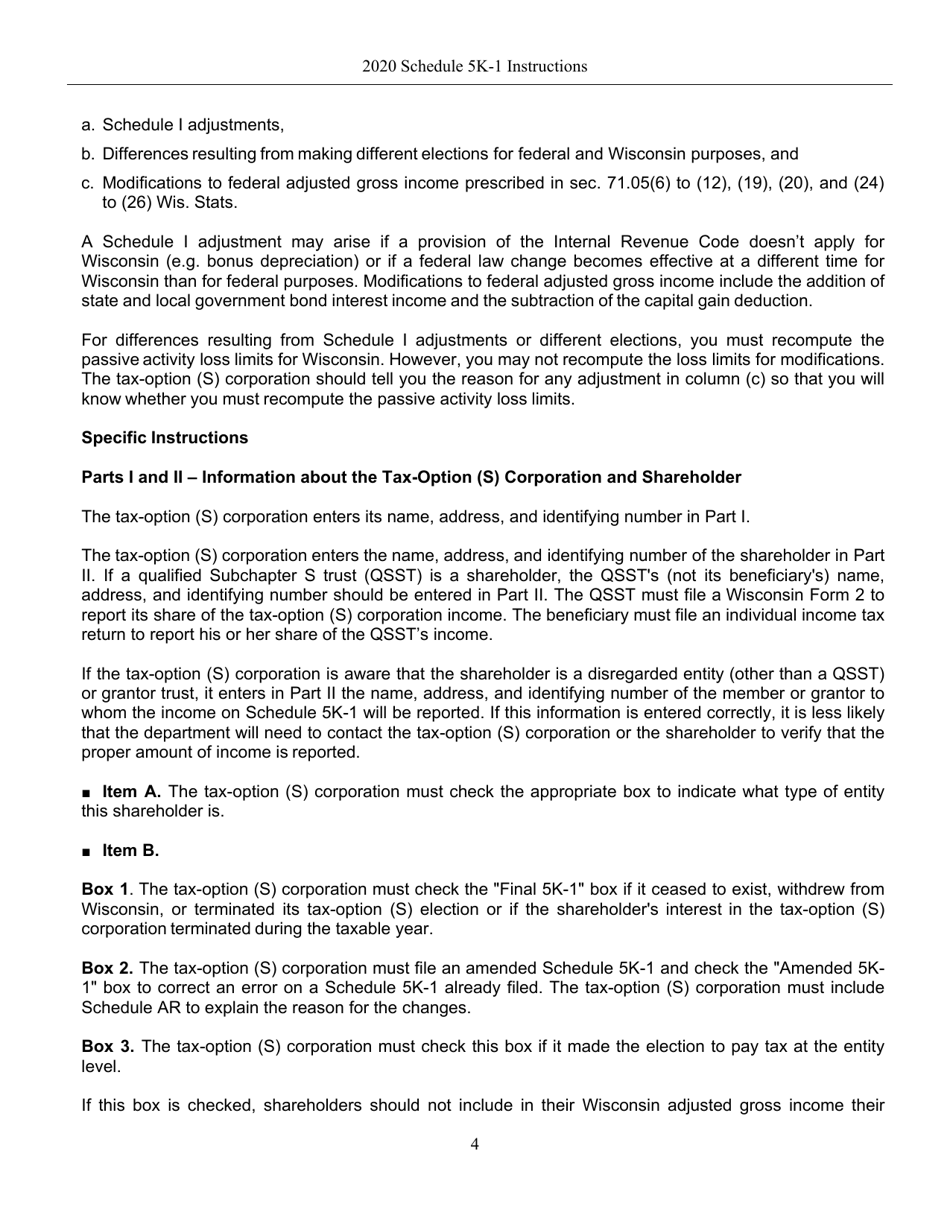 Instructions for Form IC-056 Schedule 5K-1 Tax-Option (S) Corporation Shareholders Share of Income, Deductions, Credits, Etc. - Wisconsin, Page 4