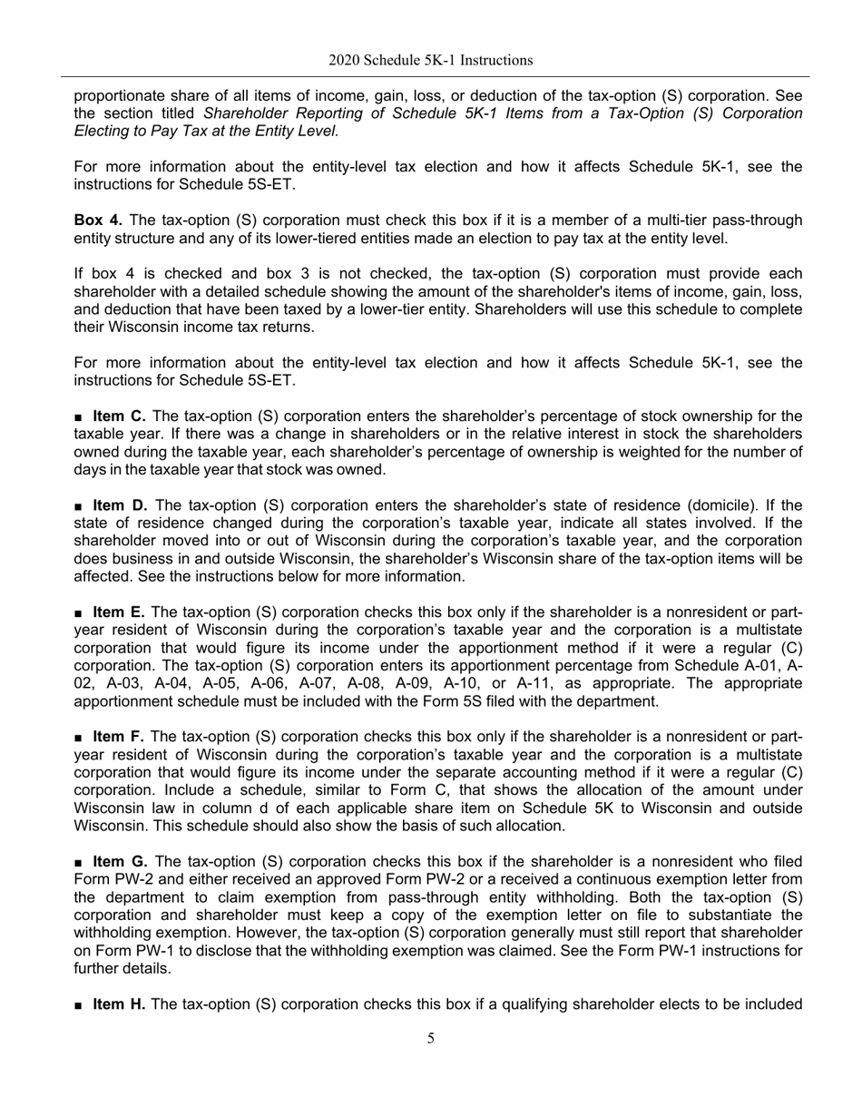 Instructions for Form IC-056 Schedule 5K-1 Tax-Option (S) Corporation Shareholders Share of Income, Deductions, Credits, Etc. - Wisconsin, Page 5
