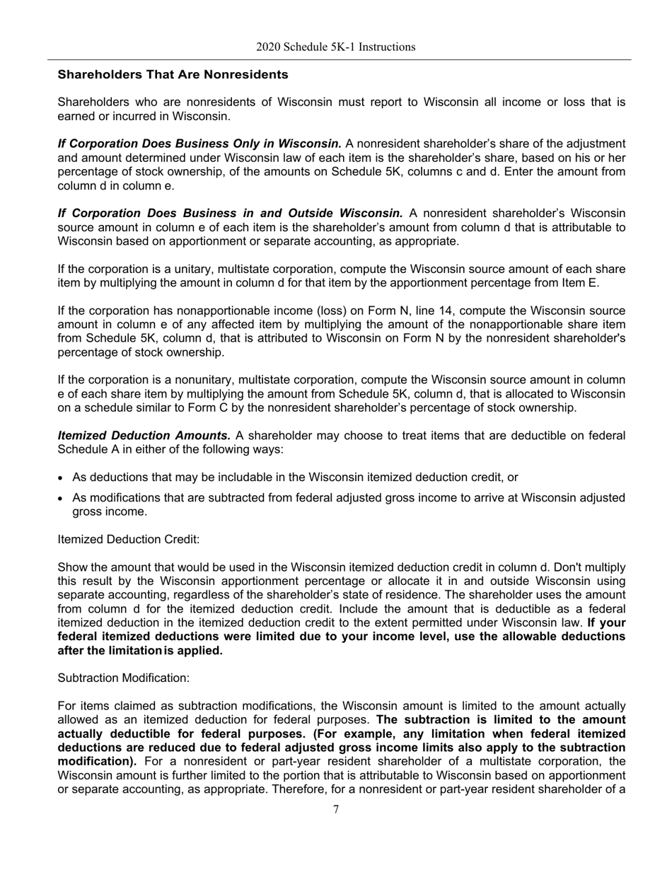 Instructions for Form IC-056 Schedule 5K-1 Tax-Option (S) Corporation Shareholders Share of Income, Deductions, Credits, Etc. - Wisconsin, Page 7