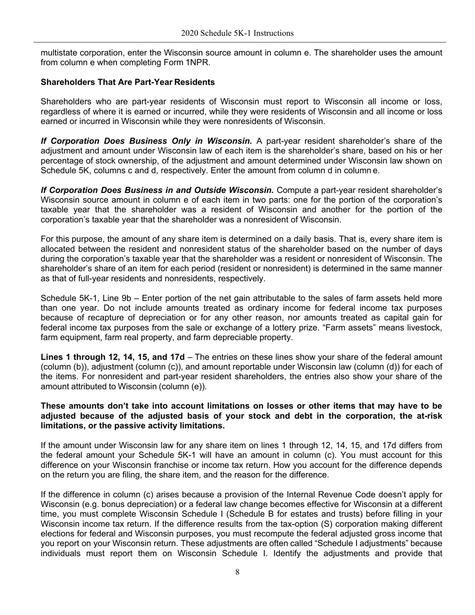 Instructions for Form IC-056 Schedule 5K-1 Tax-Option (S) Corporation Shareholders Share of Income, Deductions, Credits, Etc. - Wisconsin, Page 8