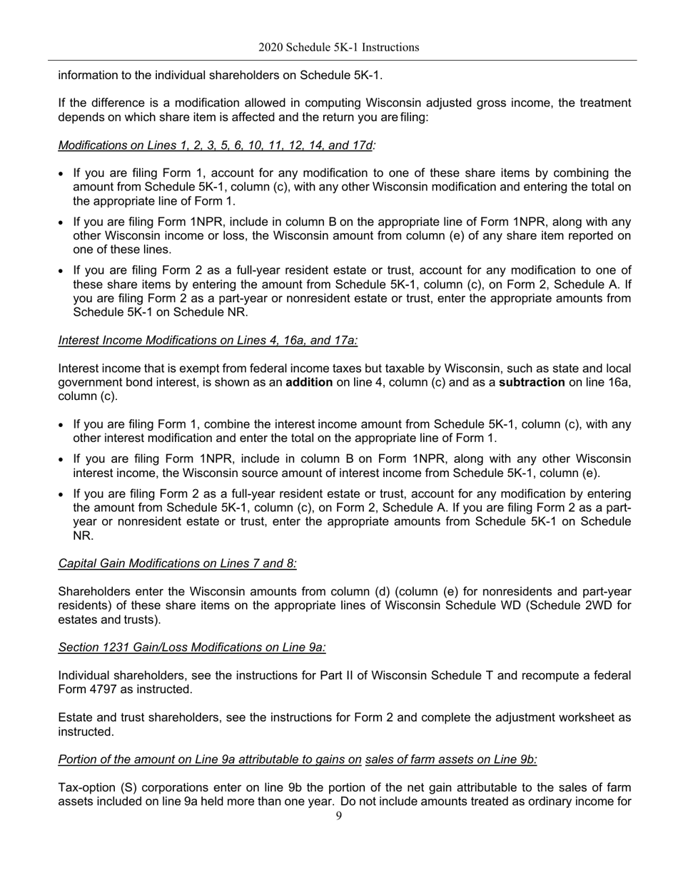 Instructions for Form IC-056 Schedule 5K-1 Tax-Option (S) Corporation Shareholders Share of Income, Deductions, Credits, Etc. - Wisconsin, Page 9