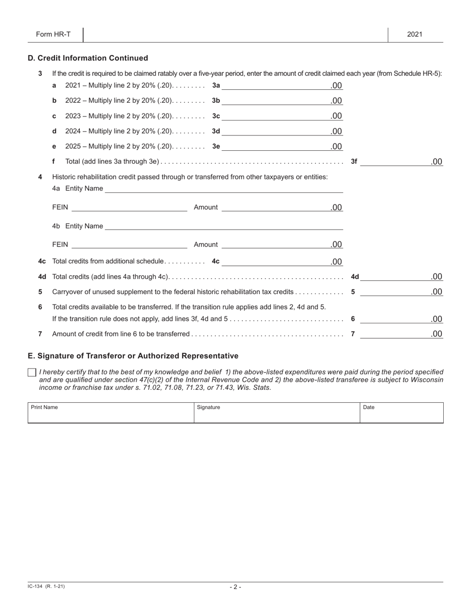 Form HR-T (IC-134) Transfer of Supplement to the Federal Historic Rehabilitation Credit - Wisconsin, Page 2