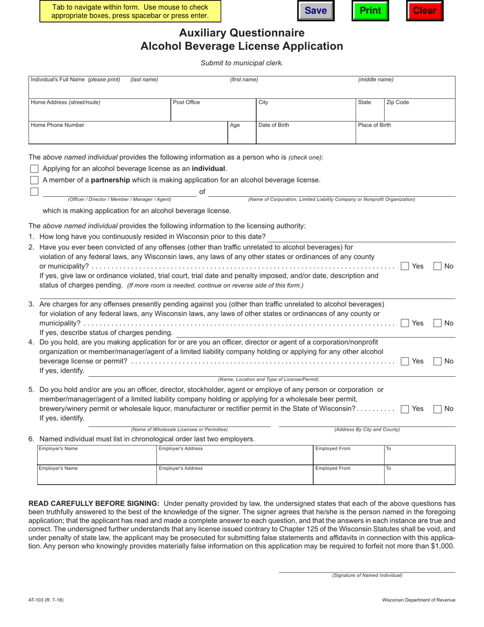 Form AT-103 Auxiliary Questionnaire - Alcohol Beverage License Application - Wisconsin, Page 1