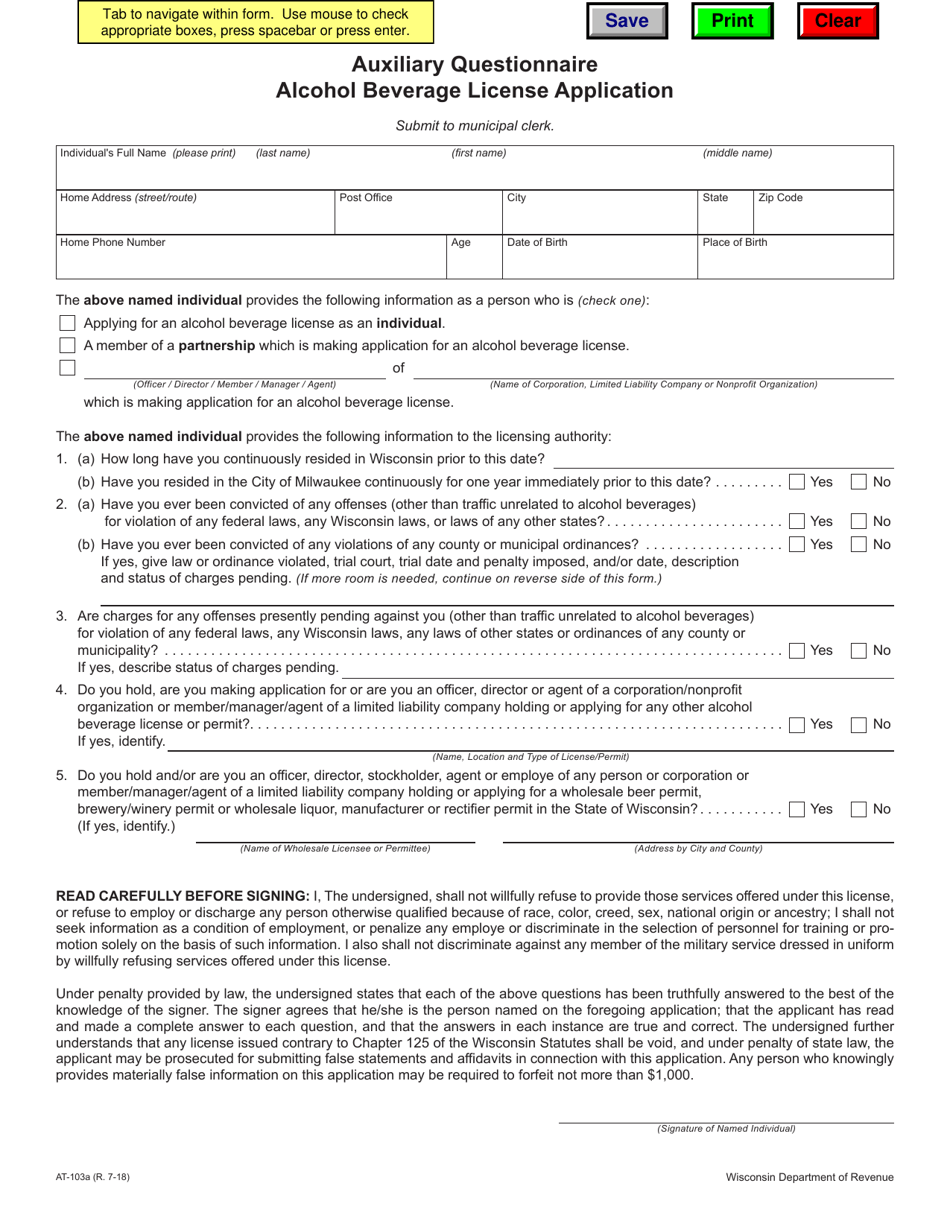 Form AT-103A Auxiliary Questionnaire - Alcohol Beverage License Application - Wisconsin, Page 1